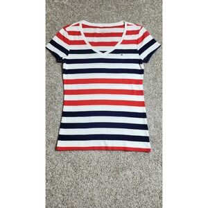 Tommy Hilfiger Red White Blue Striped V-Neck T-Shirt Women's Size M